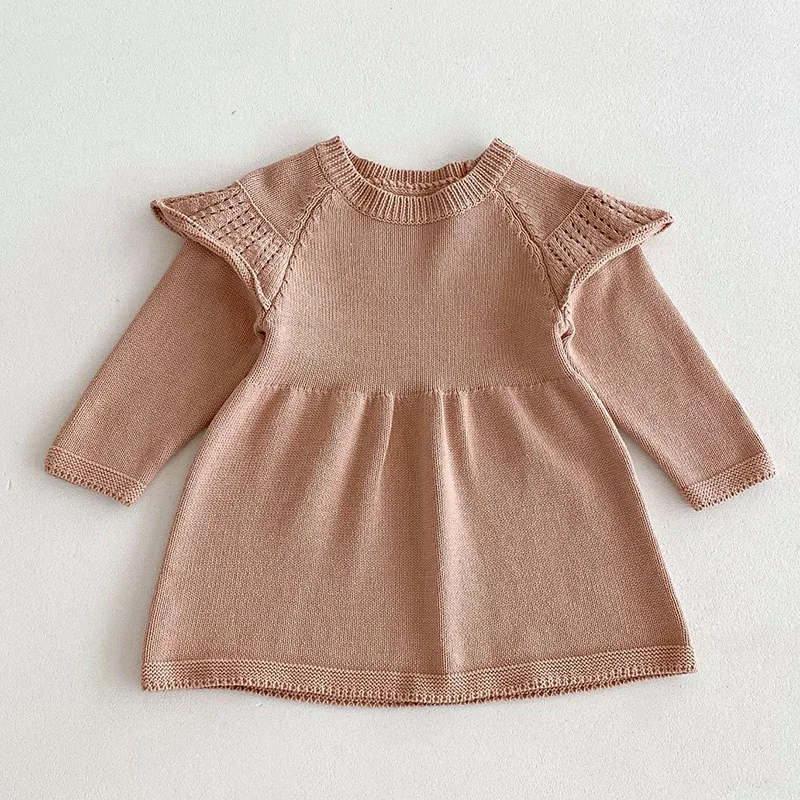 2024 New Autumn Children Knitted Clothes 1-6Yrs Girl Long Sleeved Solid Color Knitting Party Dress Kids Princess Dresses