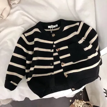 Unisex Striped Kids' Knit Cardigan 3 Fashion striped Kids sweater Boys Single breasted knit Coat Girls soft loose O-Neck knitted Cardigan 3