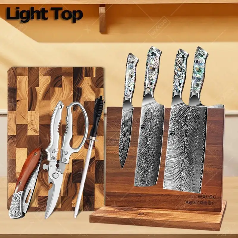 TAMZUO-Juego de cuchillos de cocina profesionales de acero damasco, con imanes mejorados, soporte, cuchillo de fruta para Chef japonés