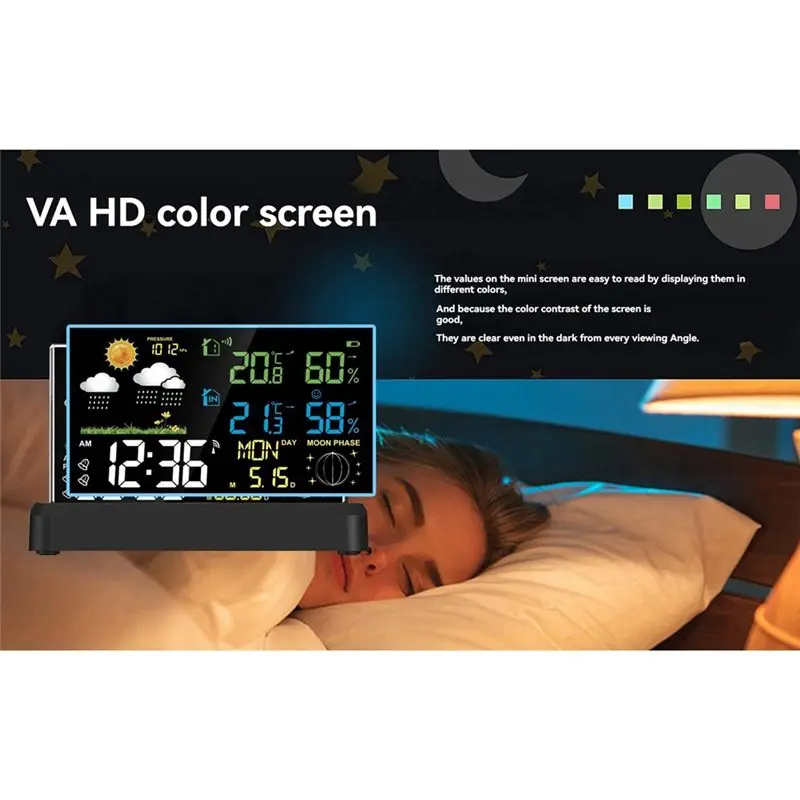 ABUL-VA Color Screen Digital Weather Station Forecast Weather Station Radio Clock Home Hygrothermograph EU Plug A