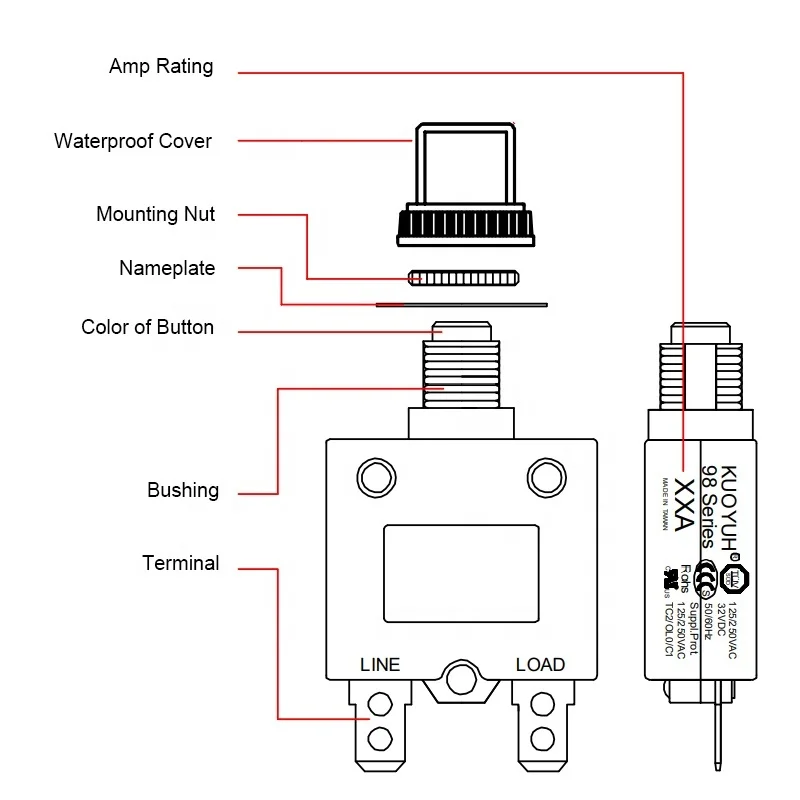 KUOYUH 98 Series 250V 25A Manual Reset Overload Protector Switch Motor Operator Circuit Breaker For Marine Truck