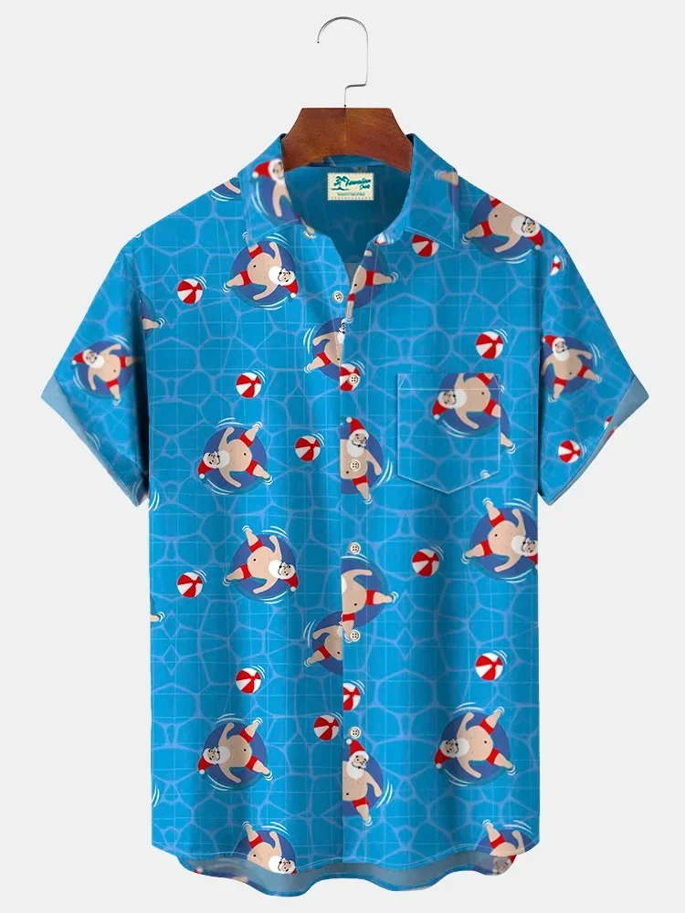 2024 neue Neujahr Männer Weihnachten Shirt Kurzarm Knopf Urlaub Hawaii Shirt Herren Santa Claus Golf Druck