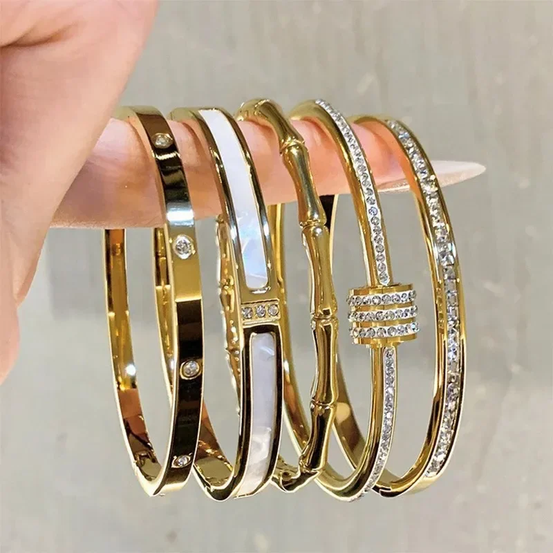 Titanium Steel Gold Silver Color Bangles for Women Girls Trend Waterproof Jewelry Luxury Sparkling Zircon Bracelet Bangle