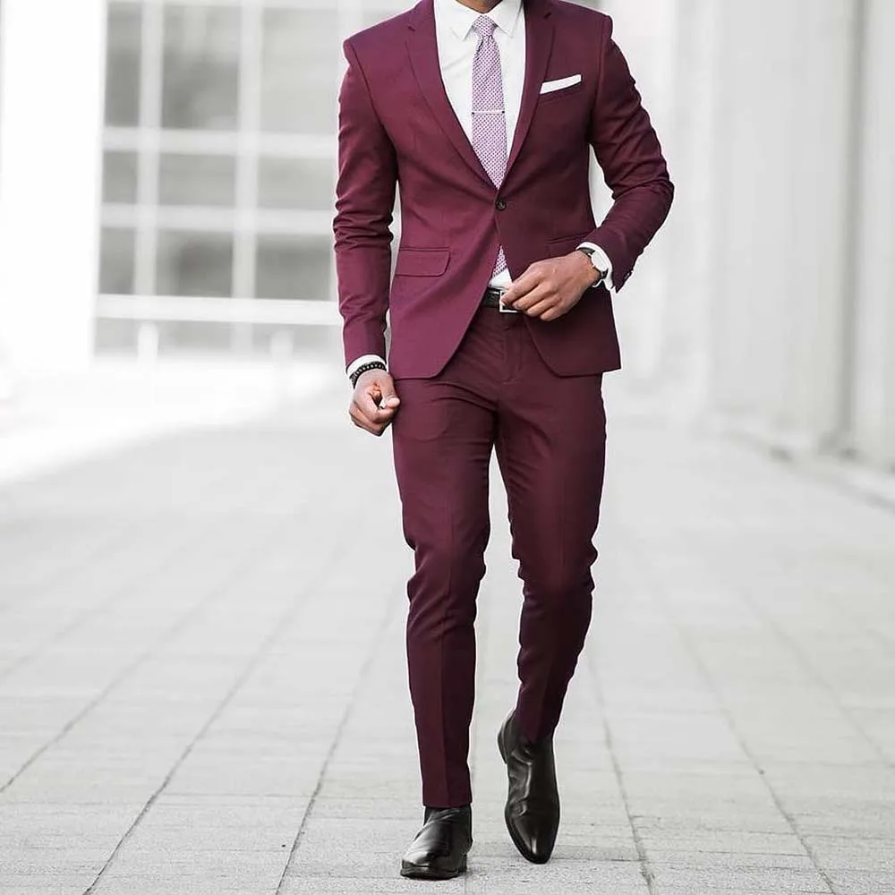 

Slim Fit Burgundy Men Suits One Button Notch Lapel Outfits Elegant Wedding Groom Male Clothing 2 Piece Jacket Pants Blazer