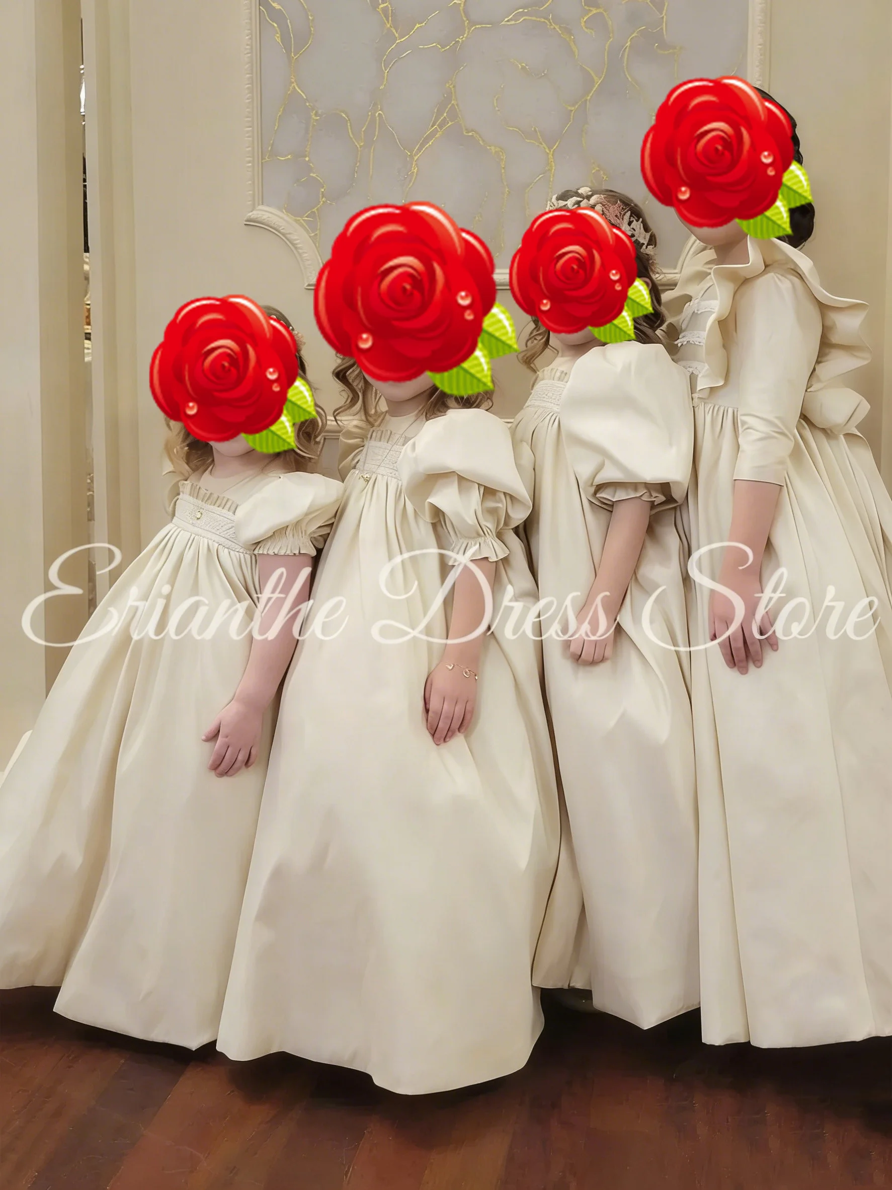 

Ivory Satin Bridesmaid Flower Girl Dress For Wedding Lace High Waist Kids Birthday Party First Communion Ball Gowns Customized