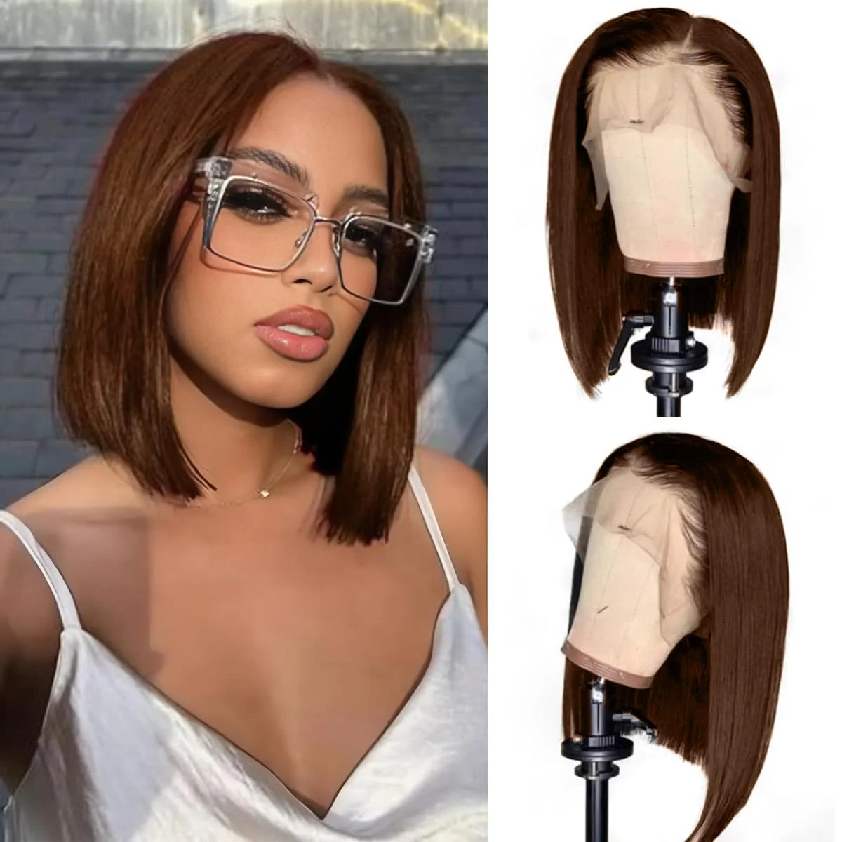 

Brazilian Remy Hair 4# Chocolate Brown Straight Short Bob Wigs Human Hair Honey Brown 13x4 Transparent Lace Front Human Hair Wig
