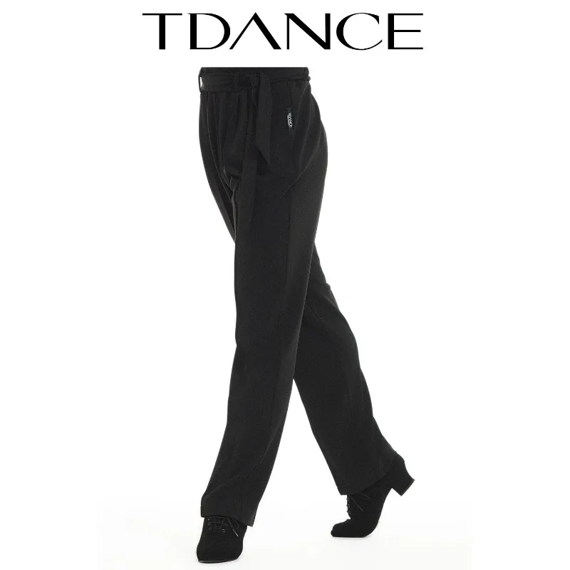 customized TDANCE Latin Practice Sports Straight Tube Micro Retractable Foot Rubber Pants with Waist Belt Hanging Straight BK-03
