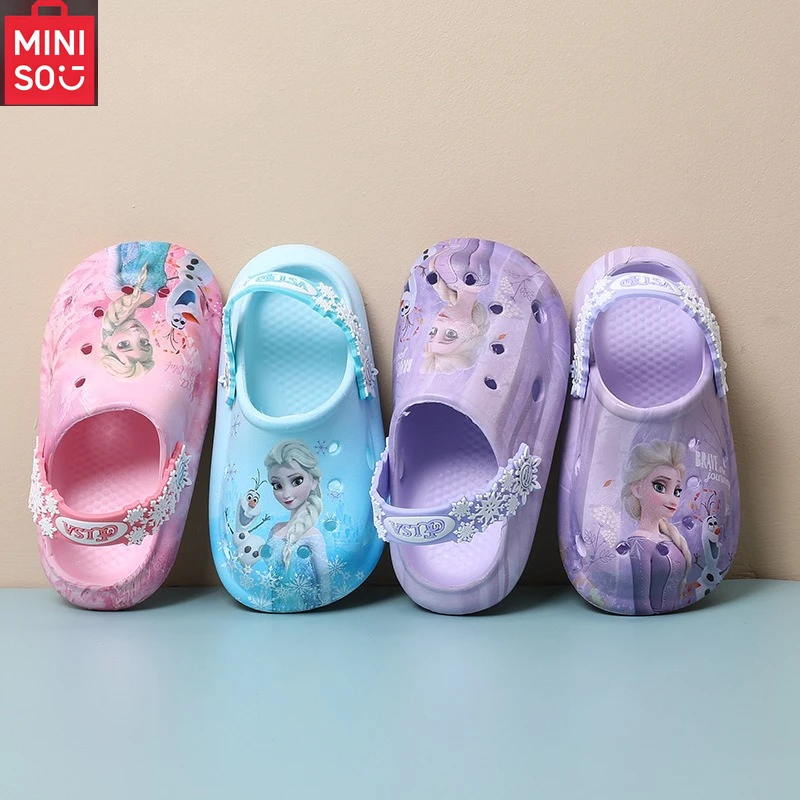

MINISO/Детские Нескользящие сандалии с мягкой подошвой из мультфильма «Холодное сердце» принцессы Эльзы для девочек, летняя пляжная обувь, тапочки, домашняя обувь, размер 17-22