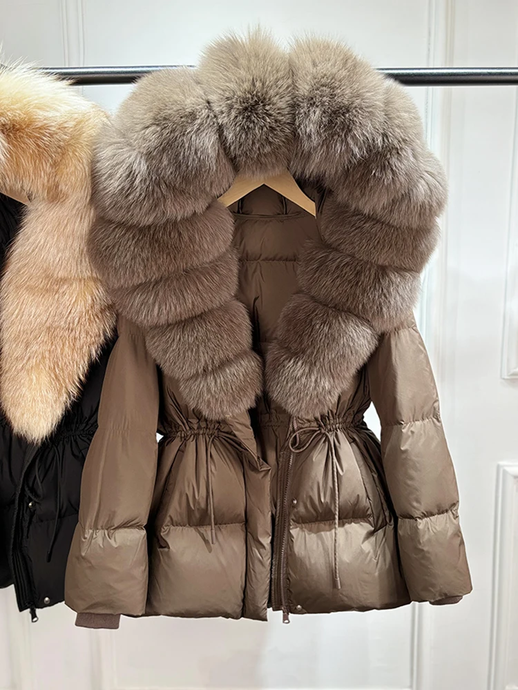 2026 New Winter Real Natural Fox Fur Collar Thick Wam Puffer Jacket Women Hooded Belt Slim White Duck Down Coat Waterproof Parka