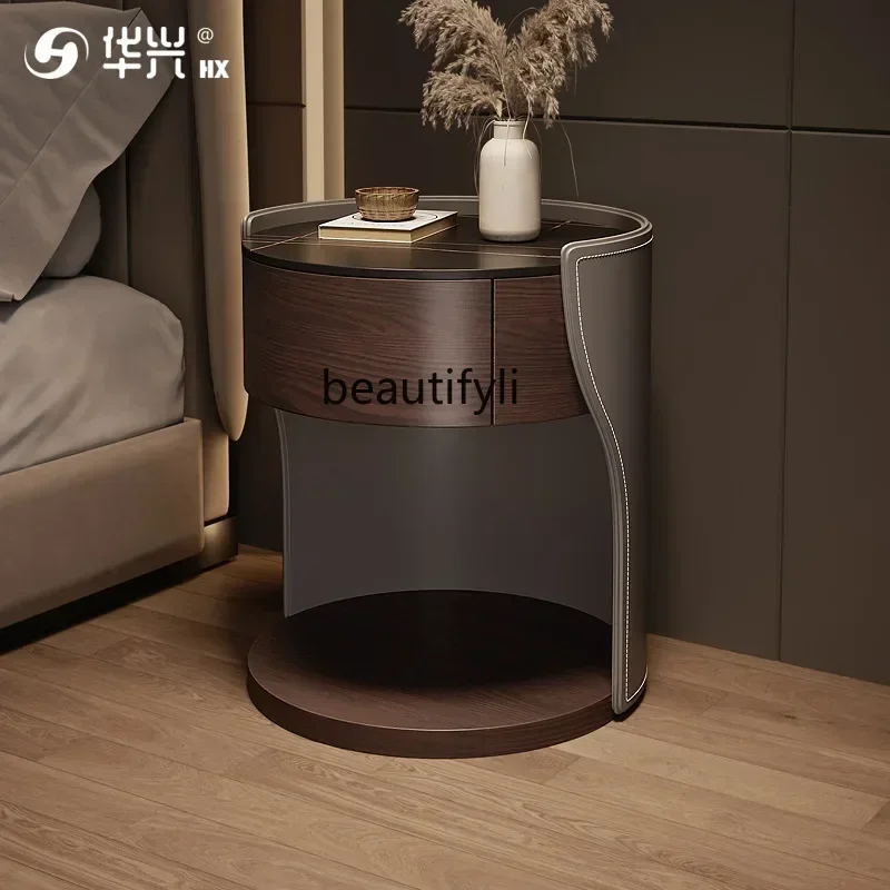 

V Semi-circular design rock slab solid wood creative light luxury bedside table small apartment bedroom high-end leather, side f