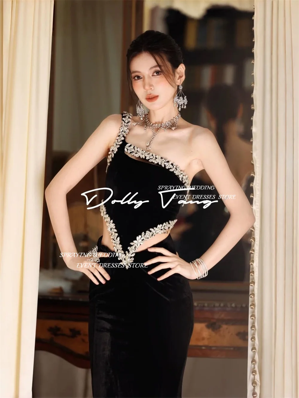 SPRAYING Black Velvet Sparkly Diamond Evening Dress One Shoulder 2Pcs Party Dress Mermaid Long Formal Event Dress Customized
