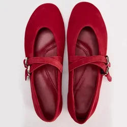 2025 Spring New Women's Ballet Flats Retro Red Double Belt Buckle Decoration Casual High Quality Big Size Lady Mary Jane Shoes