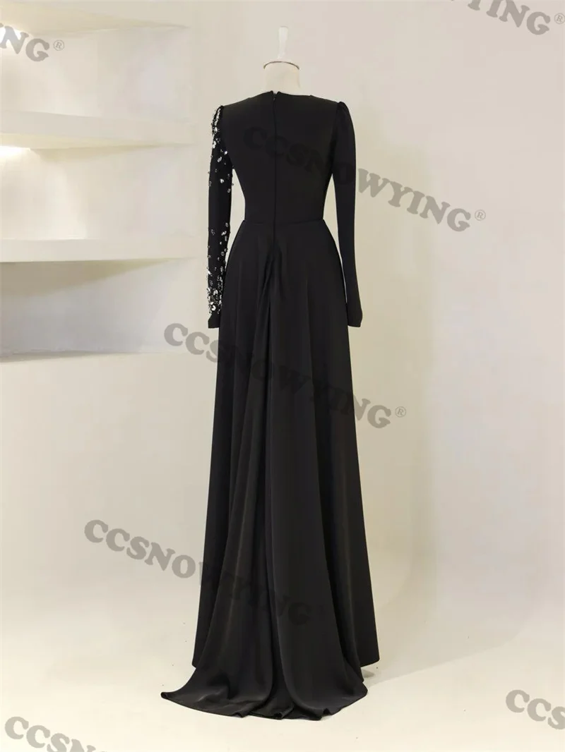 Preto cetim frisado muçulmano vestidos de noite manga longa uma linha islâmica feminino baile formal vestido festa árabe dubai robes de soirée