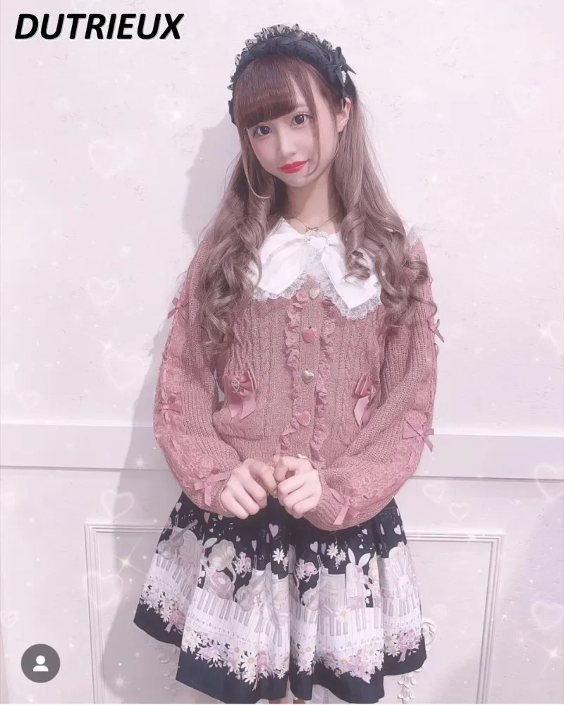 

Japanese Lolita Sweet Kawaii Women Sweater Top Heavy Industry Lace Rhinestone Bow Love Heart Twist Weave Knitted Cardigan Jacket