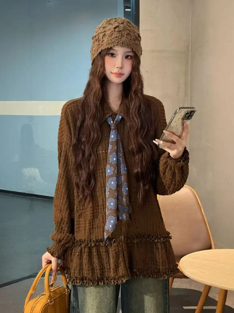 plus Size Long Sleeve Shirt Women Loose Fit Slimming Wood Grain  Splice Coffee Color Autumn New Style Casual Fashion