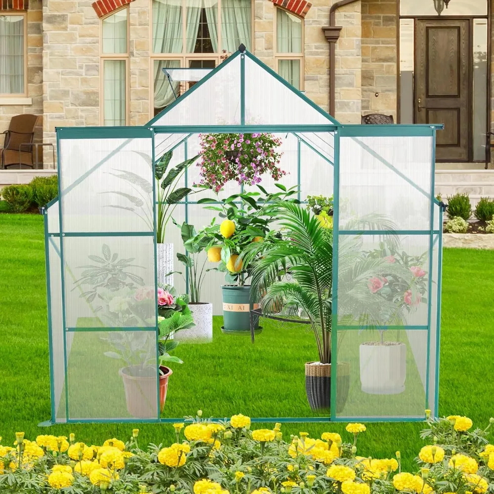 Garden Greenhouses Double Sliding Door Polycarbonate Raised Plant Base with Drainage System and Adjustable Roof, Green