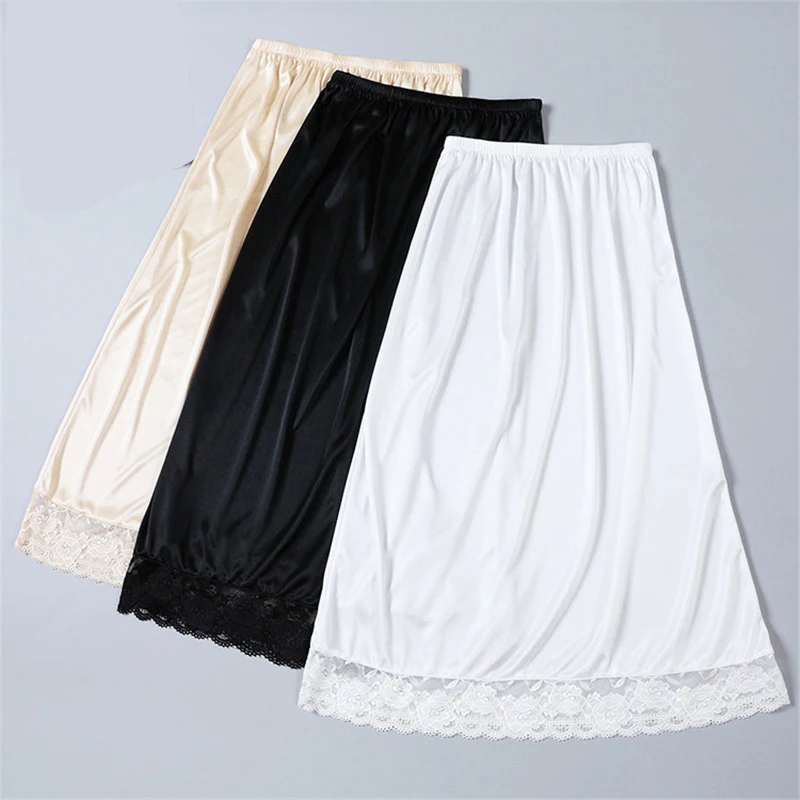 Women 75cm Lace-Edged Half-length Bottoming Skirt Ice Silk Lightweight Anti-glare Lining Skirt Solid Mid-length Female Half Slip