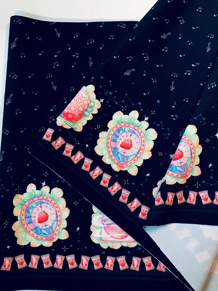 “Strawberry Planet with Musical Notes” All-Over Print Lolita Fabric for Cotton Doll & BJD Clothing