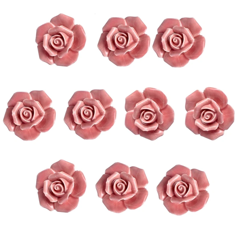 

10 Pcs Ceramic Vintage Floral Rose Flower Door Knobs Handle Drawer Kitchen + Screws (Pink)