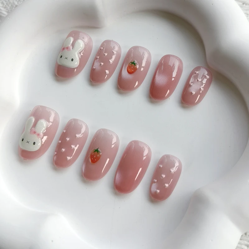10 Stück Niedliche 3D Polka Dot Hasen Neue Katzenaugen Nagelkunst Kurze Mandel-Form Liebliche Erdbeer-Kaninchen Wiederverwendbare Nagelaufkleber Aufklebbare Nägel – Detail 15