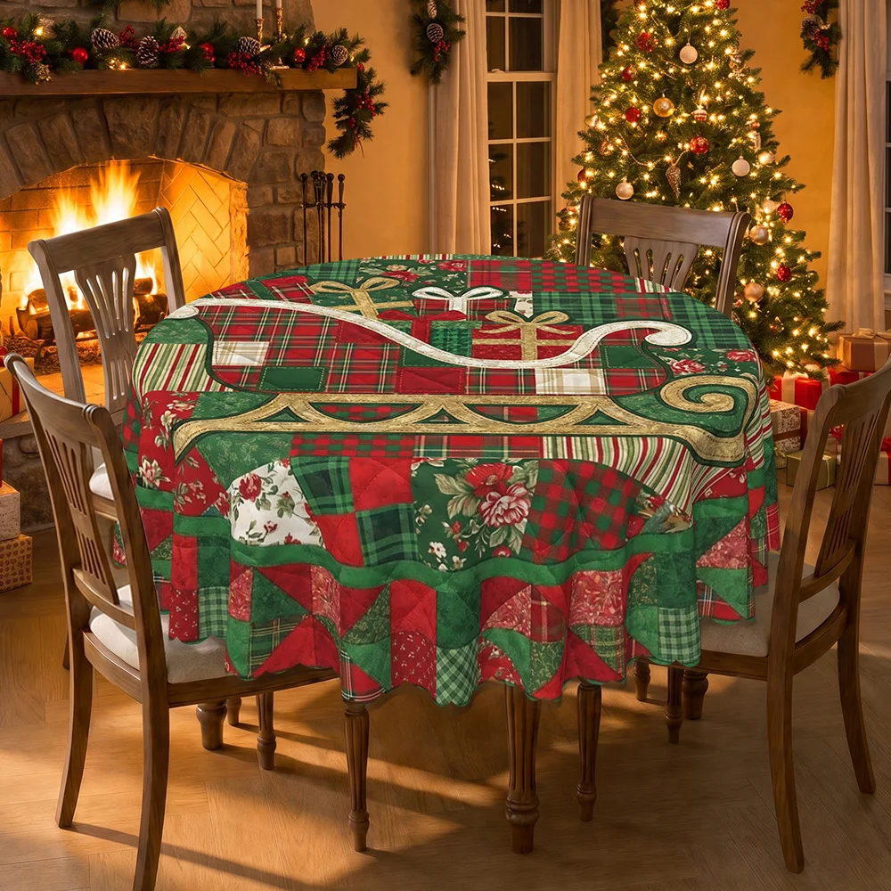 Round Christmas sleigh with gift print tablecloth