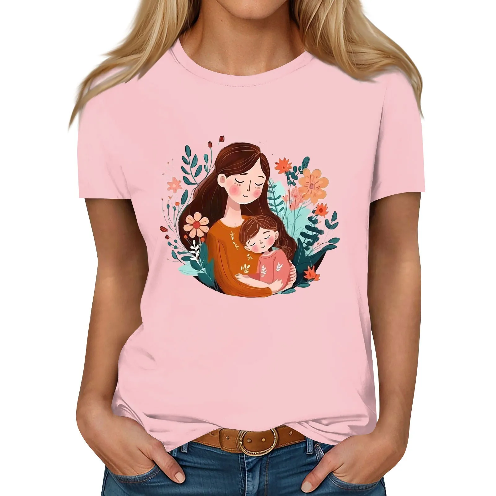 Women Summer T-Shirt Casual Loose Mother'S Day Cartoon Illustration Printed T-Shirt Short Sleeve Round Neck Pullover Tops