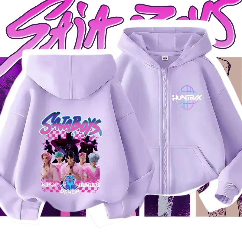 

Boys Kpop Demon Hunters Zipper Hoodies Kids Tracksuit Purple Sweatshirt Warm Soft Trendy Anime Print Cozy Pullover​