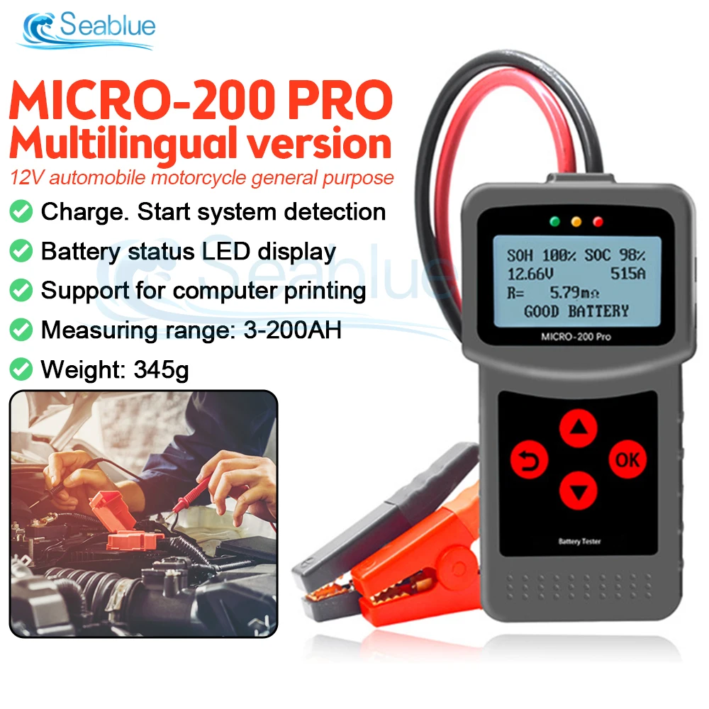 Micro-200 Pro Car Motorcycle Battery Tester 12/24V Multi-Language Digital Battery System Analyzer Motorcycle Car Diagnostic Tool