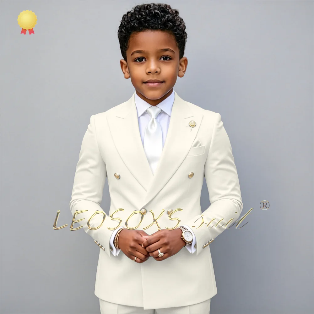 Boys White Suit 2-Piece Set Double-Breasted Jacket Trousers Gold Buttons Design Boys Wedding Guest Attire Prom