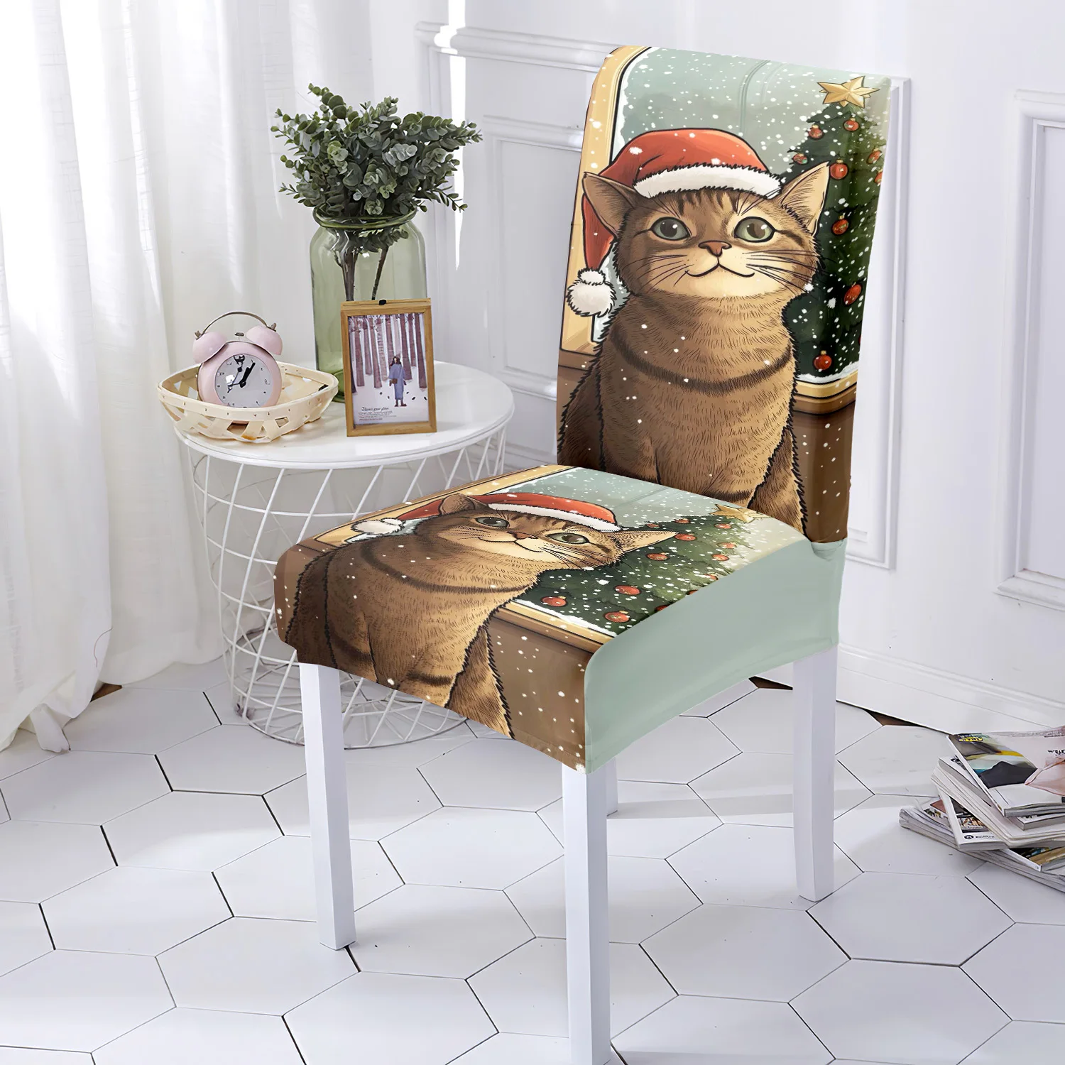 

4/6 шт. рождественские чехлы на стулья, рождественская шляпа с принтом кота, праздничные украшения, чехлы на обеденные стулья, подходящие для отеля, ресторана