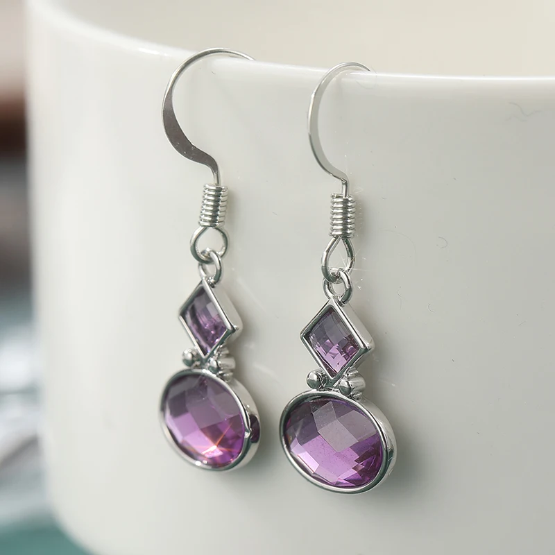 Vintage Charm Synthetic Amethyst Geometric Drop Earrings Women's Fashion Elegant Silvery Banquet Celebration Jewelry Accessories