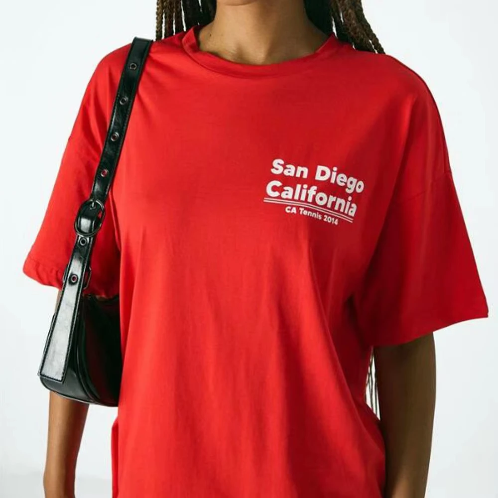 

California Tennis Club Letters Printing Women Red T Shirts Summer Vintage Style Short Sleeve Tops Ins Fashion Cotton Loose Tees