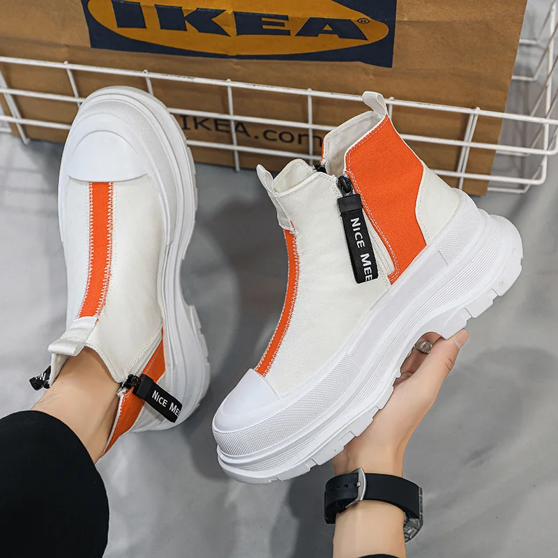 Fashion High-top Thick Soled Boots Shoes for Men Breathable Casual Chelsea Boots Men's Trend Canvass Side Zipper Sneakers Men