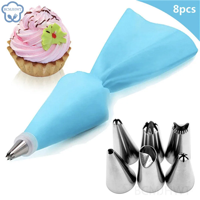 1/8PCS/bag Silicone Icing Piping Cream Pastry Bag + 6 Stainless Steel Cake Nozzle DIY Cake Decorating Tips Fondant Pastry Tools