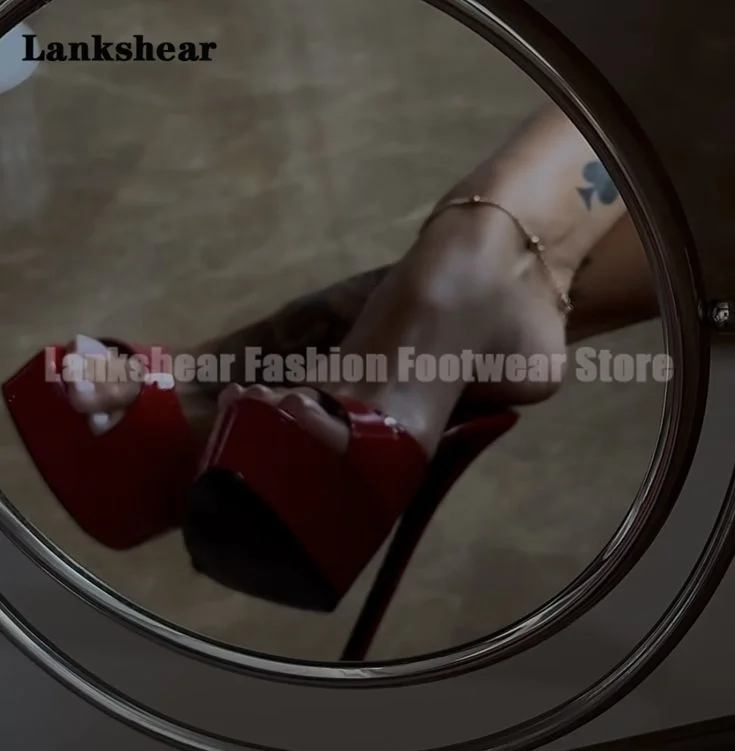 

Red Patent Leather Platform Mules Slippers Thin High Heel Slip On Dress Party Women Shoes Summer Sandalias De Mujer Verano