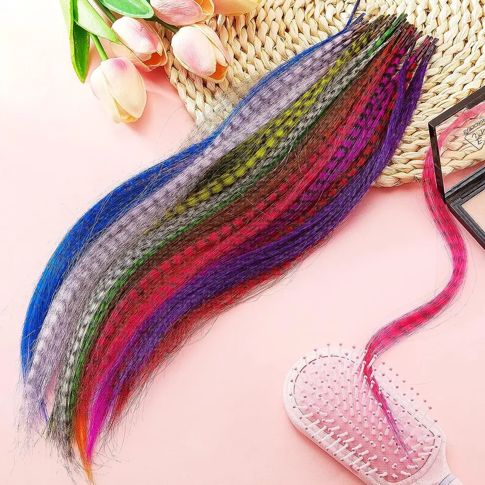 10 Raíces/Paquete Extensiones de Cabello Pluma Coloridas con Punta en I 16 Pulgadas Sintético Accesorios para Mujeres Niñas Uso Diario y Fiestas 3
