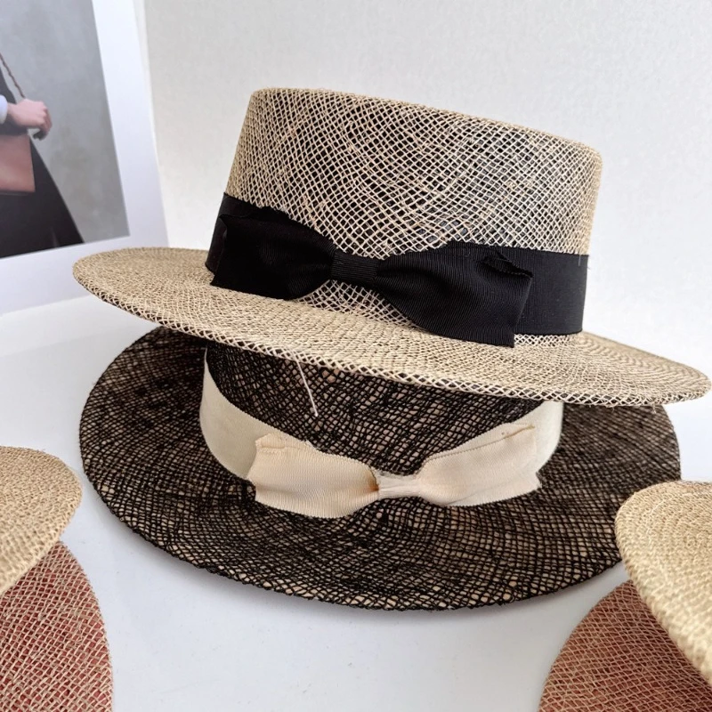 Chic Summer Natural Palm Leaf Woven Bowknot Classic Lady Fedoras Cap Men Women Panama Jazz Hat