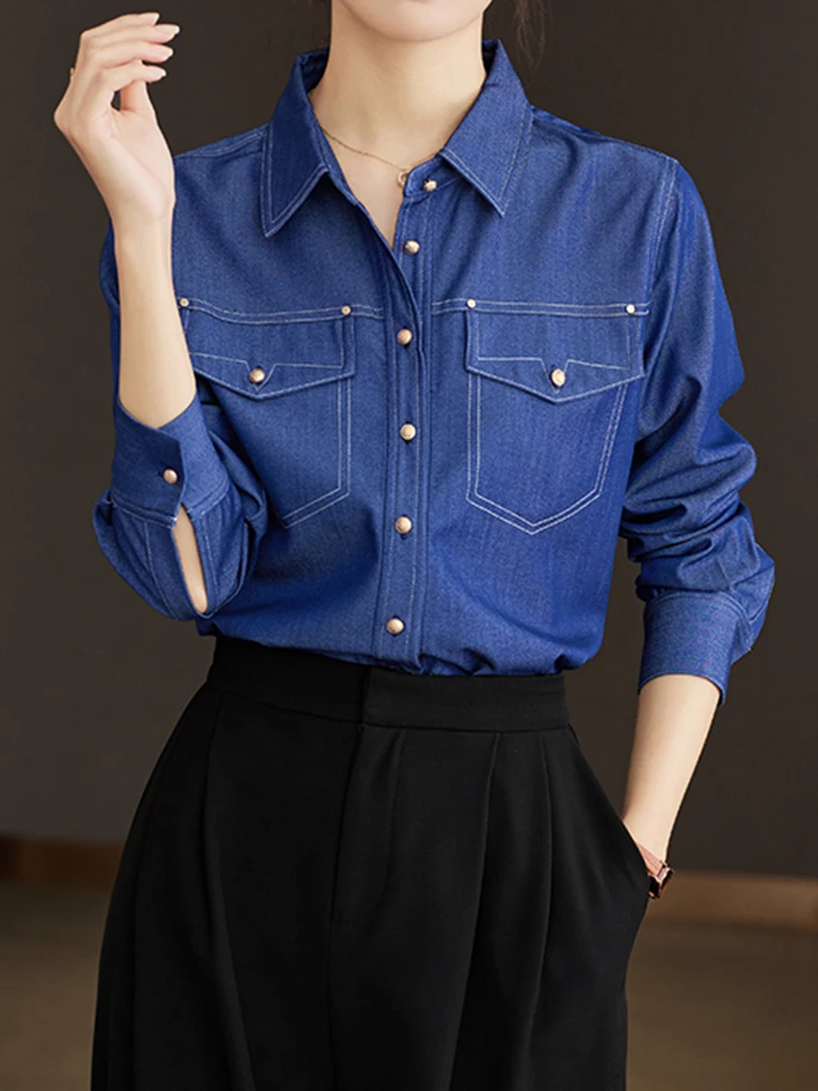 Denim Shirts Harajuku Retro Loose Blouse For Women 2024 Autumn New Korean Style Long Sleeve Top Elegant Blue Color Blouses