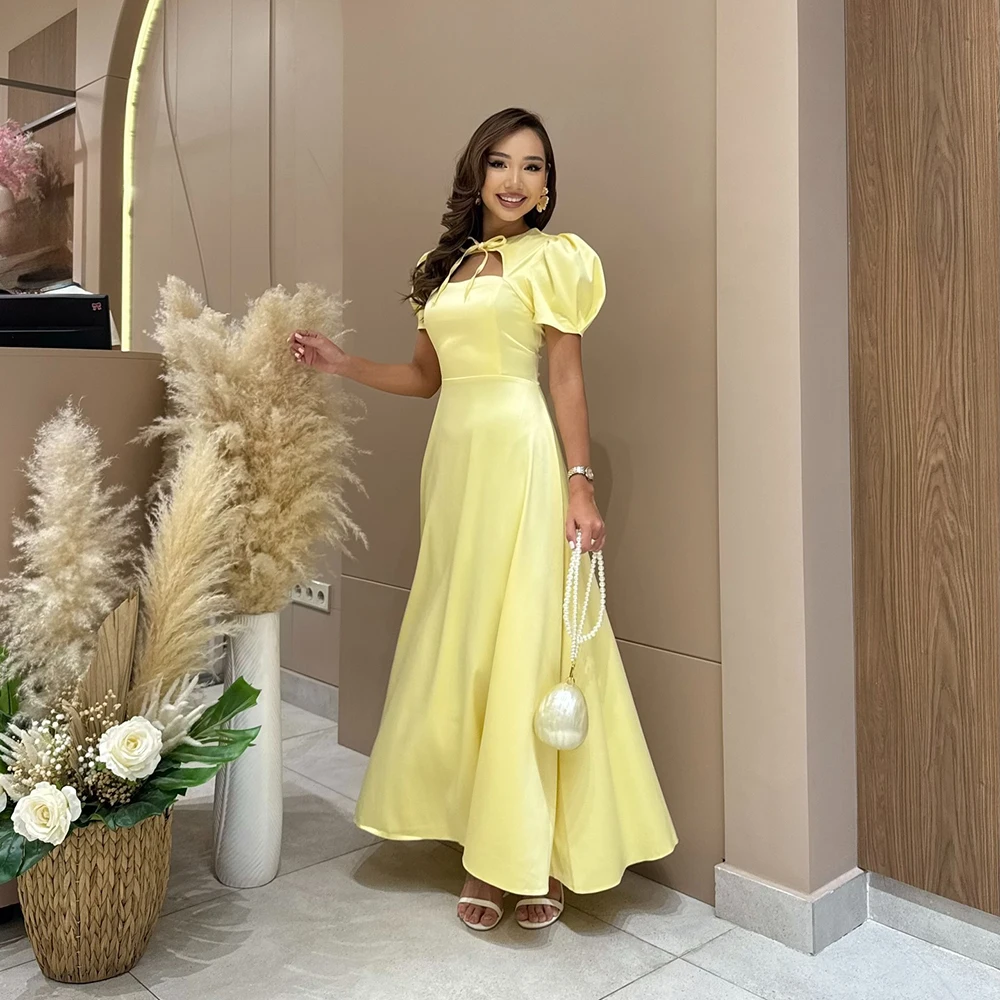 

Customized O-neck Yellow Jersey Evening Dress Short Puff Sleeves Simple A-line Party Dress With Zipper Ankle Length Prom Gown