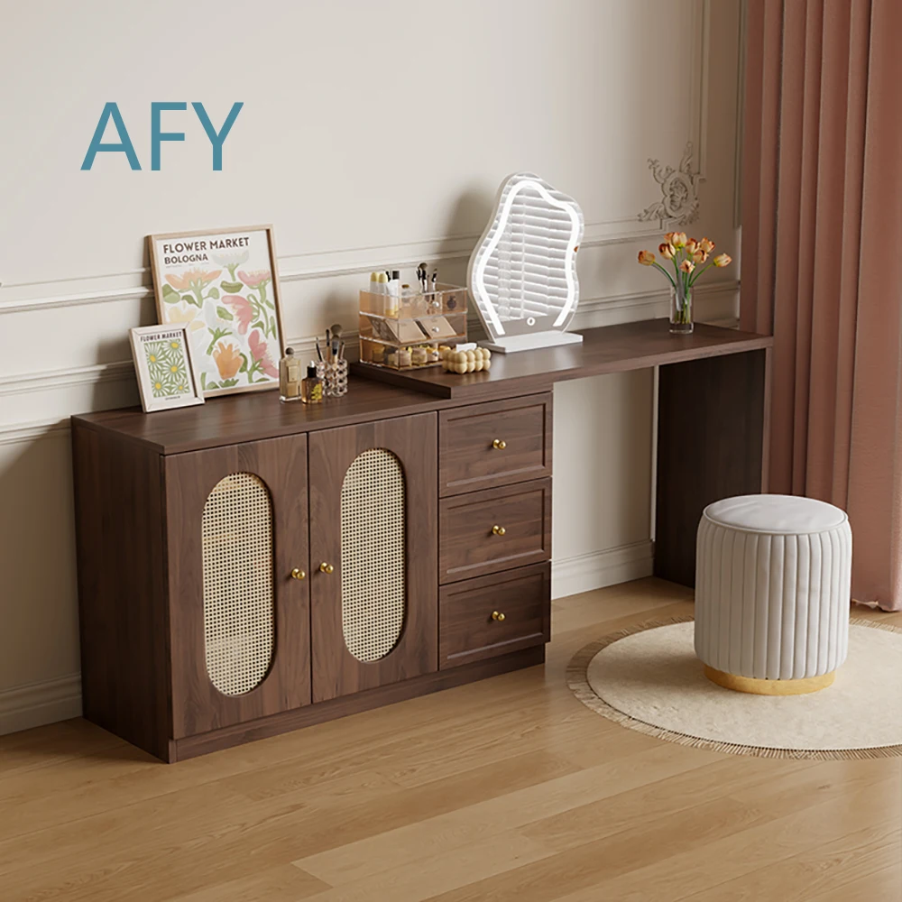 OEM Medieval Style Dressing Table with LED Mirror for Home Decor Bedroom Vanity Table Vine Woven Solid Wood Retractable Angle
