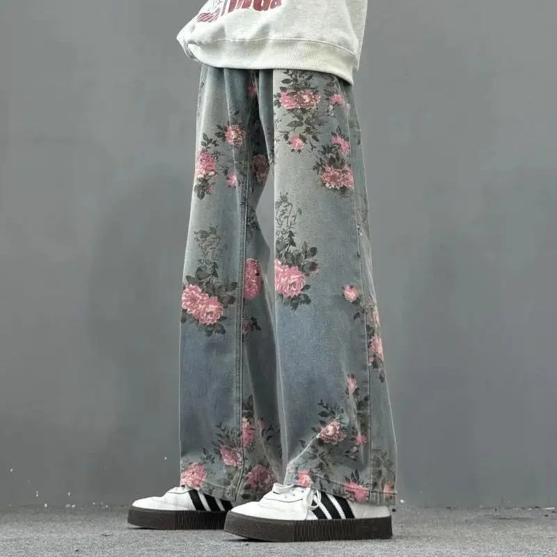 Jean rétro bleu imprimé Rose pour hommes, pantalon décontracté avec Tube droit de relaxation et amincissant et couteau incurvé