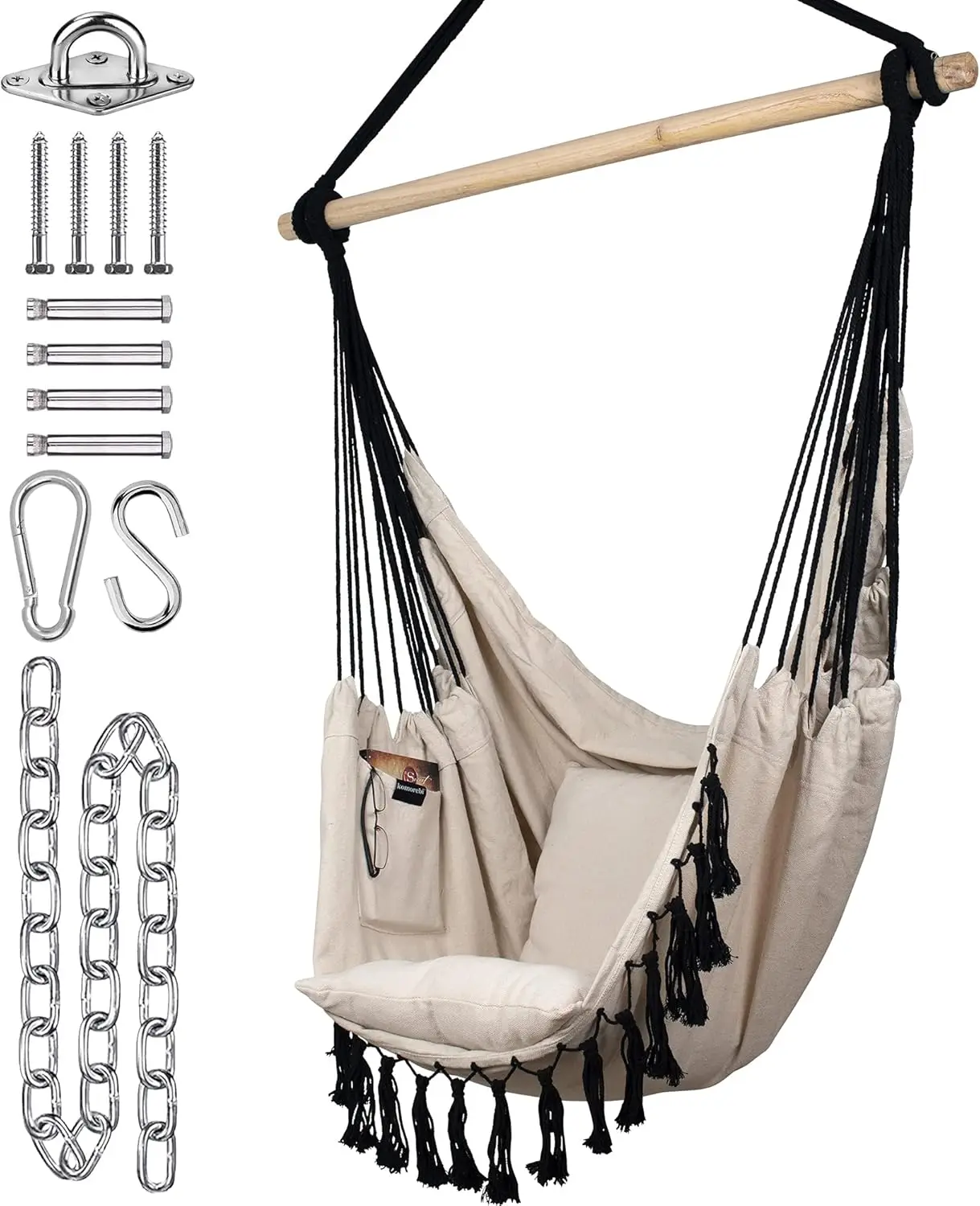 

Hammo Chair - Ivory Bla - 60"" X 47"" - Hanging Rope Swing For Indoor & Outdoor - Soft & Durable Cotton Canvas - 2 Cushions