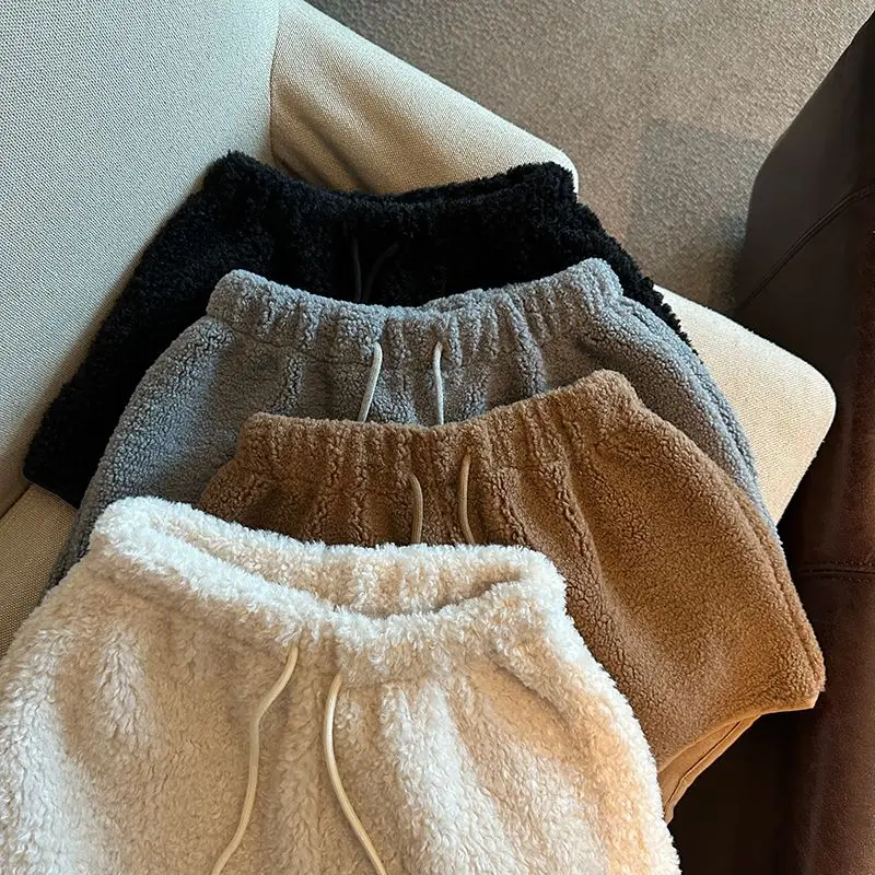 กางเกงขาสั้นแบบมีเชือกผูกเอว สำหรับฤดูใบไม้ร่วงและฤดูหนาว ผ้าหนา อุ่น ยืดหยุ่น เอวสูง ทรงหลวม ขากว้าง
