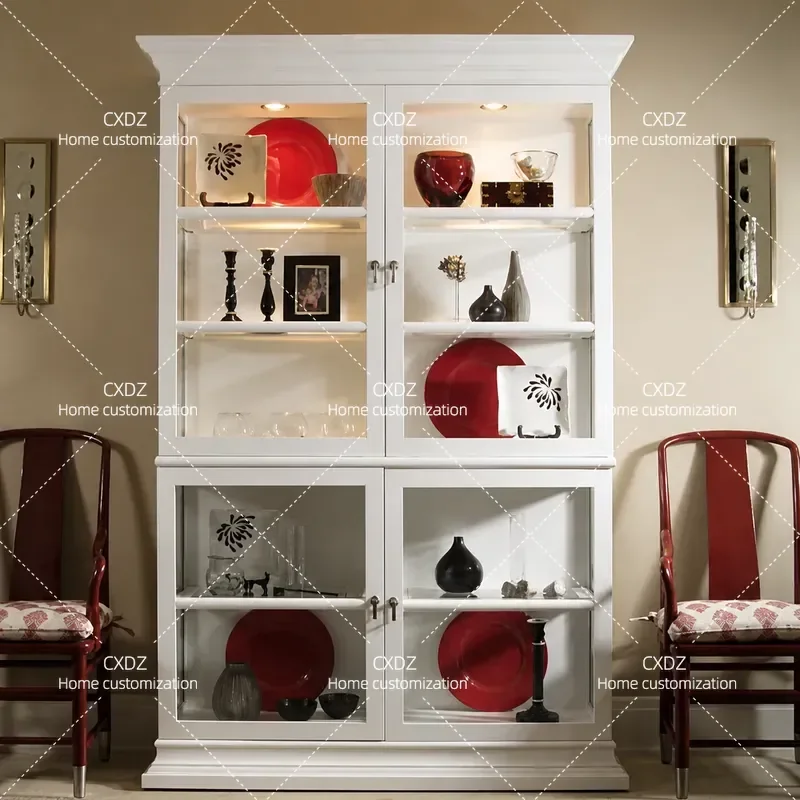 Solid Wood Black Bookcase Retro Double Glass Door Dining Side Cabinet Country Living Room Wine Cabinet Storage Display Shelf