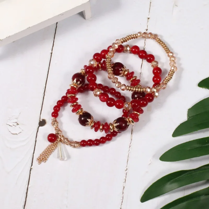 4PCS/Set Bohemian Bracelet Imitation Agate Chain Tassel Colored Glass Electroplated Crystal Bracelet Set