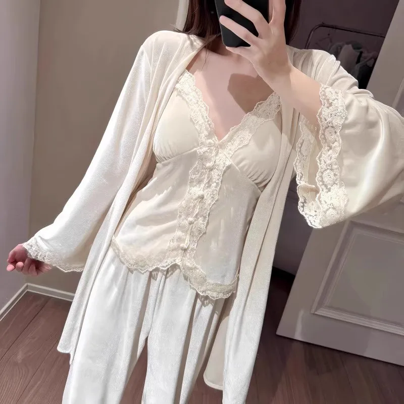 Women Warm Loungewear Young Girl Nightwear Beige 3Pcs Home Clothes Sexy Lace Trim Cami Top&pants Loungewear Princess Pajamas