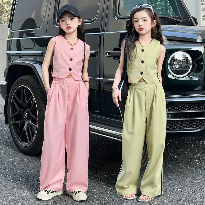 

teenage girls summer clothes sets vest+Casual Wide leg pants 2pcs 8 10 12 14 kids suit children outfits ensemble fille clothing