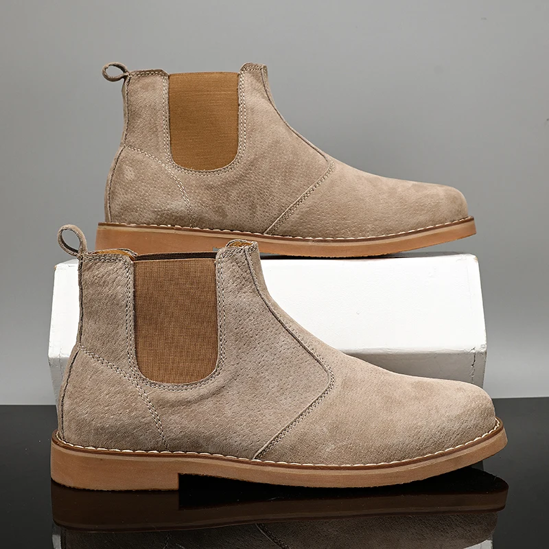 Moda Zamszowe buty pustynne Mężczyźni Wysokie buty Chelsea Skórzane buty codzienne Męskie buty wsuwane na niskim obcasie Buty robocze na zewnątrz Mężczyzna — zdjęcie 5