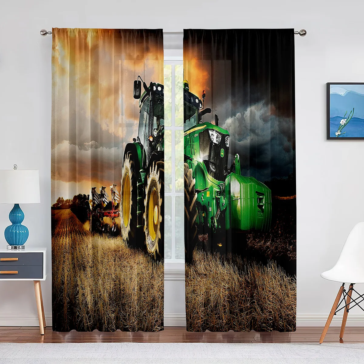 Tractor Harvests Crops Farm Theme  Tulle Curtains for Living Room Bedroom Chiffon Voile Curtain Home Decoration Sheer Curtain