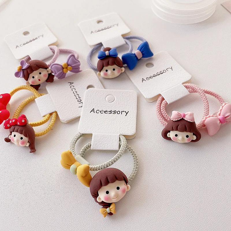 2pcs Korean Cartoon Girls Polka Dots Elastic Hair Bands Elastic Hair Ring Little Girl Headwear  Kids Accessories In Girls